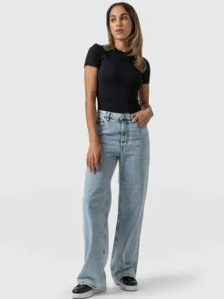 Adjustable Wide Leg Jeans - Pale Blue