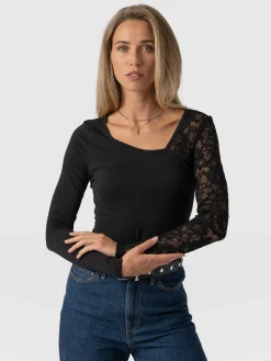Aimee Cut Out Long Sleeve Tee - Black Lace