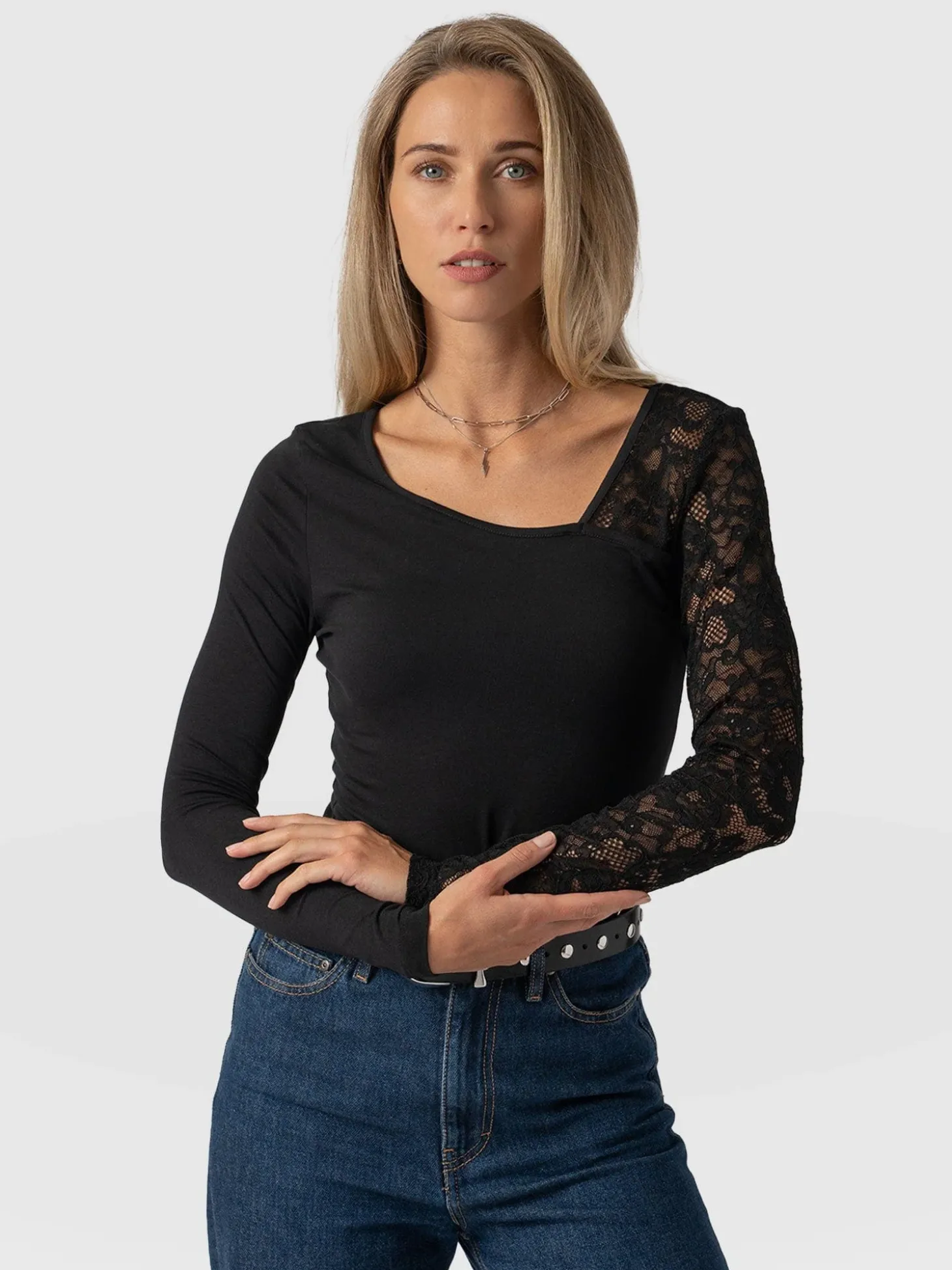 Aimee Cut Out Long Sleeve Tee - Black Lace