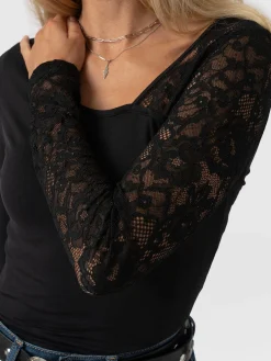 Aimee Cut Out Long Sleeve Tee - Black Lace