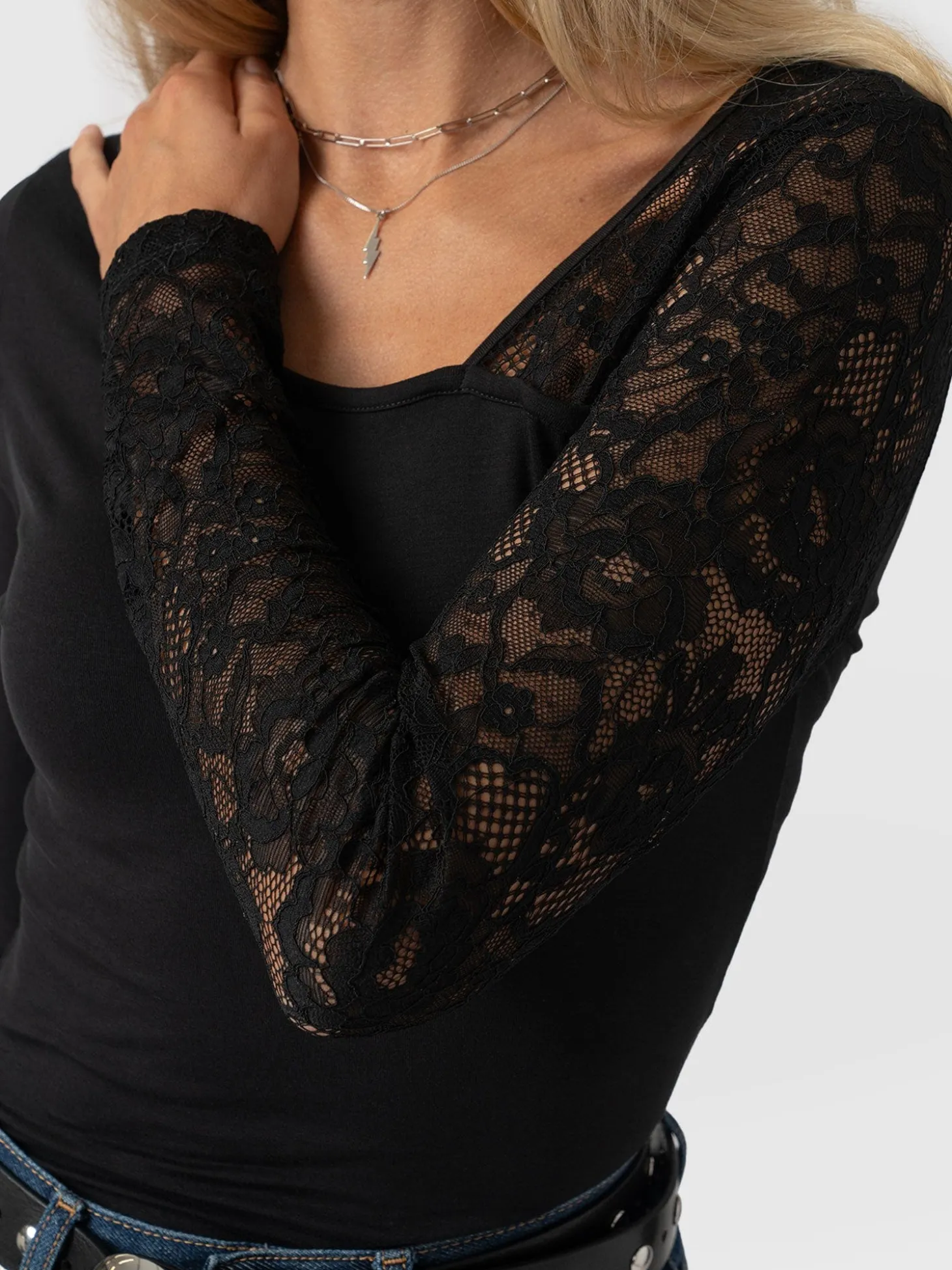 Aimee Cut Out Long Sleeve Tee - Black Lace