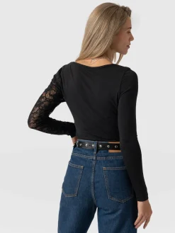 Aimee Cut Out Long Sleeve Tee - Black Lace