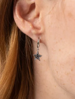 Astral Star Charm Drop Huggie Earrings - Silver/Black