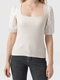 Cavendish Square Neck Tee - Cream Broderie