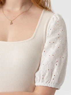 Cavendish Square Neck Tee - Cream Broderie