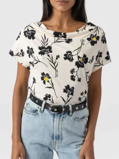 Cowl Neck Tee - White Spring Floral