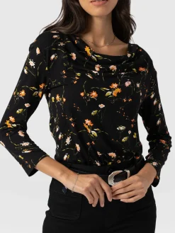 Cowl Neck Tee Long Sleeve - Black Floral