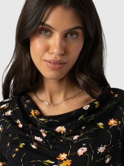 Cowl Neck Tee Long Sleeve - Black Floral