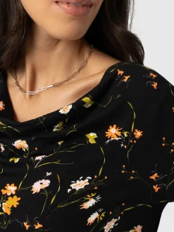 Cowl Neck Tee Long Sleeve - Black Floral