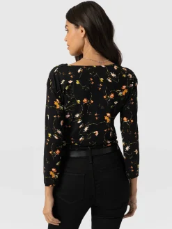 Cowl Neck Tee Long Sleeve - Black Floral