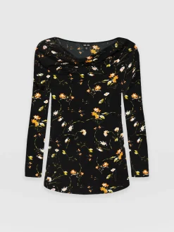 Cowl Neck Tee Long Sleeve - Black Floral