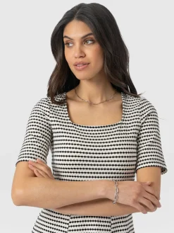 Darcey Short Sleeve Flared Dress - Monochrome Jacquard