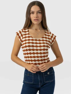 Elise Scoop Neck Tee - Brown/Cream