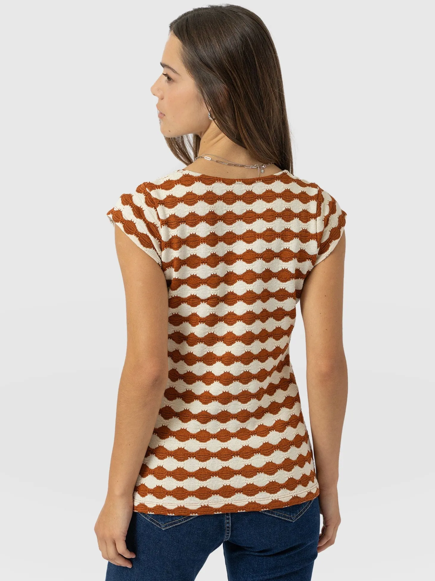 Elise Scoop Neck Tee - Brown/Cream