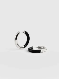 Enamel Hoop Earrings - Silver/Black