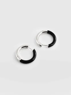 Enamel Hoop Earrings - Silver/Black