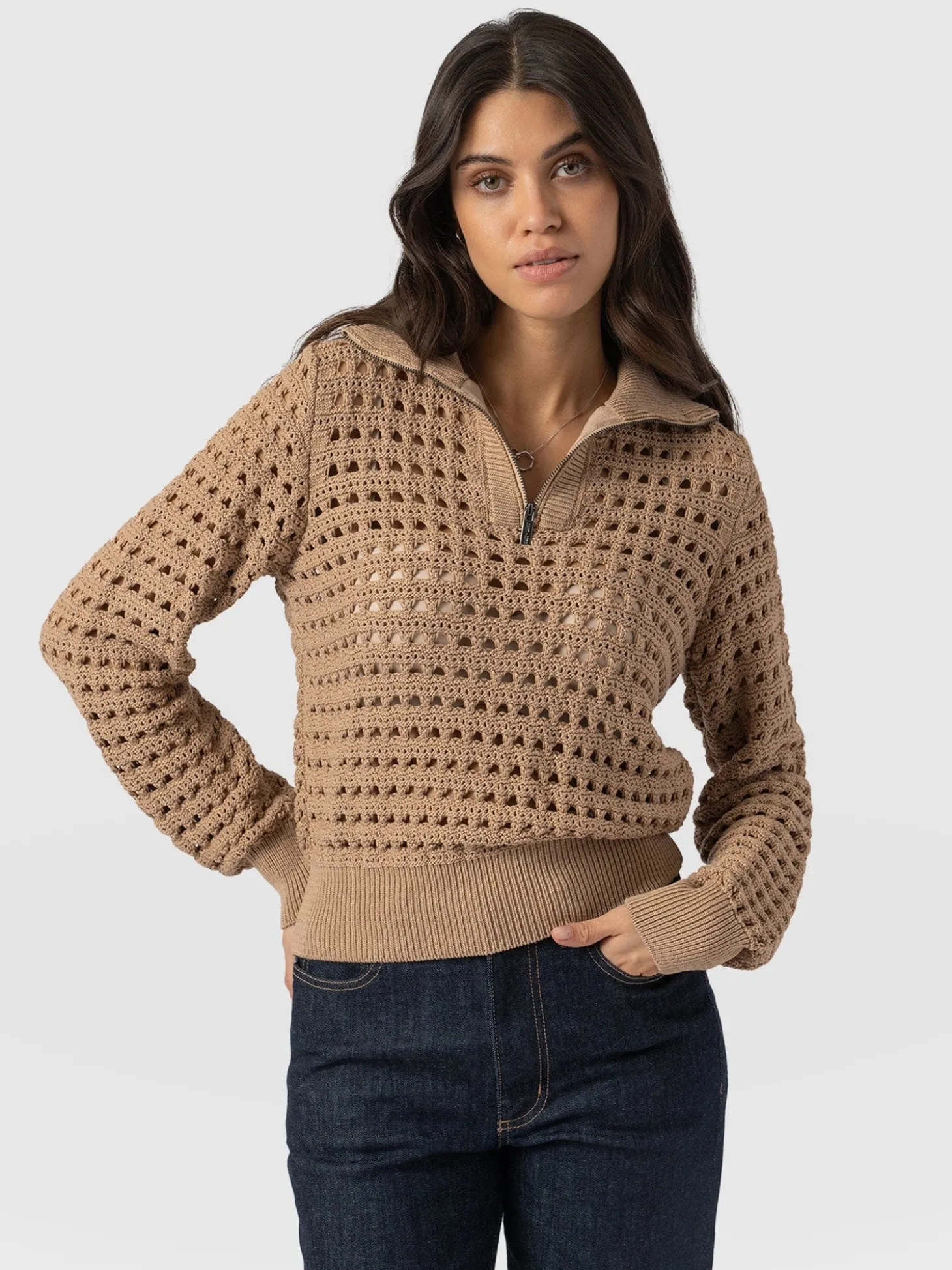 Ester Quarter Zip Knit - Camel