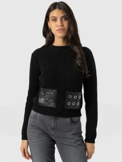 Eyelet Rib Knit Sweater - Black