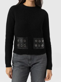 Eyelet Rib Knit Sweater - Black