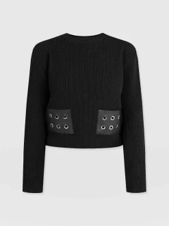 Eyelet Rib Knit Sweater - Black