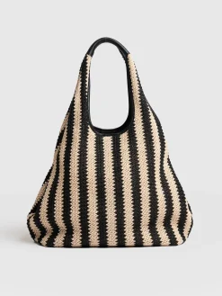Large Stella Shoulder Tote Bag - Beige/Black Raffia