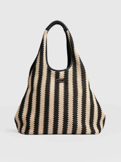 Large Stella Shoulder Tote Bag - Beige/Black Raffia
