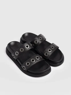 Madison Eyelet Slides - Black