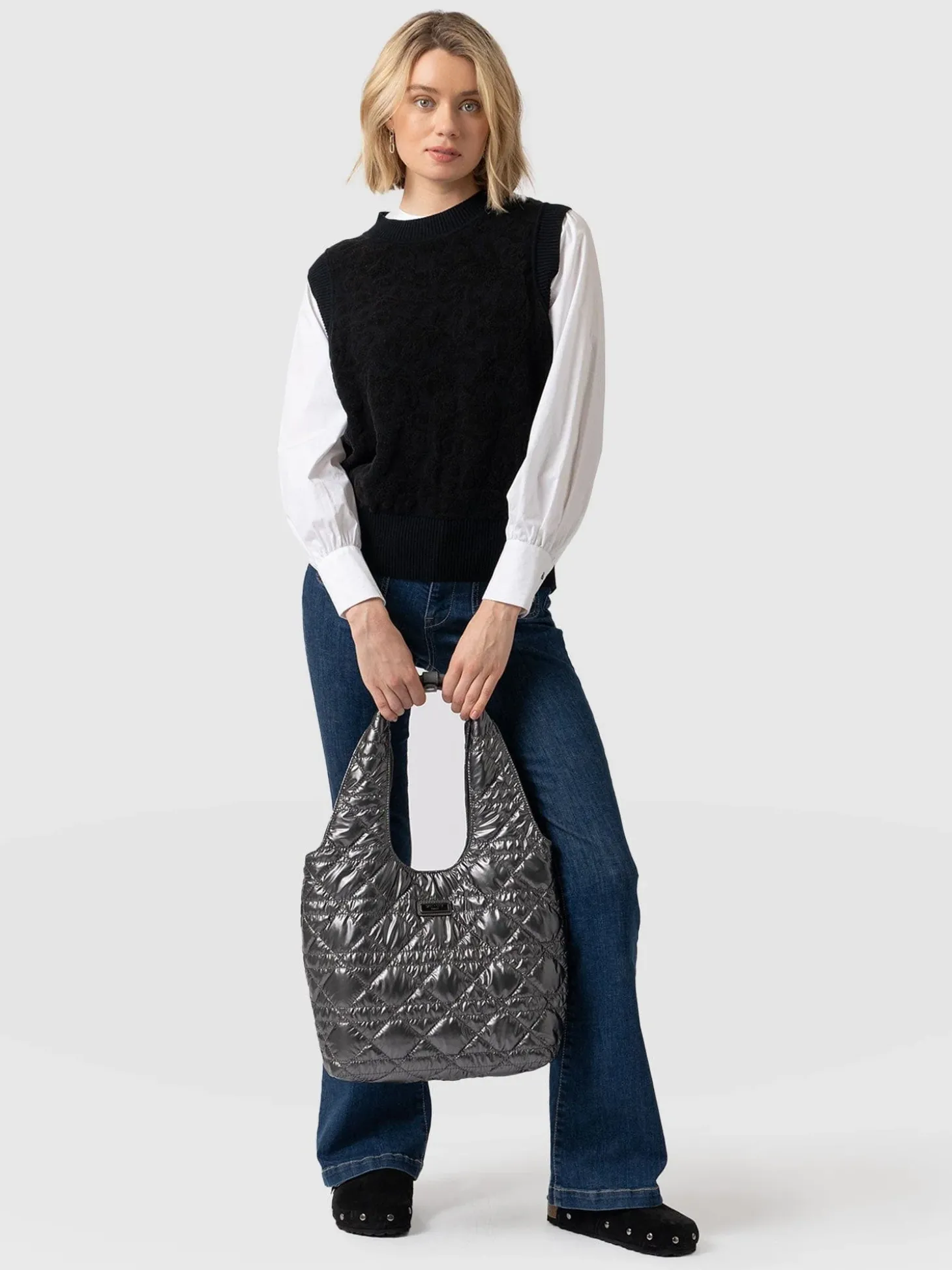 Quilted Stella Shoulder Tote Bag - Gunmetal