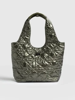 Quilted Stella Shoulder Tote Bag - Metallic Khaki