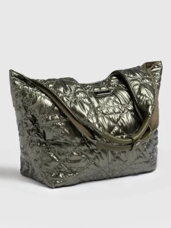 Quilted Stella Shoulder Tote Bag - Metallic Khaki