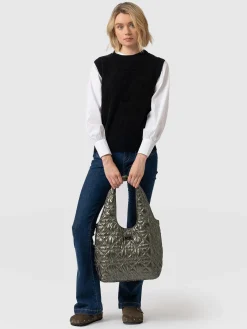 Quilted Stella Shoulder Tote Bag - Metallic Khaki