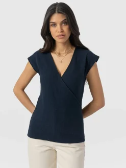 Rosa Wrap Top - Navy Textured