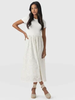 Sophia Contrast Dress - White Broderie