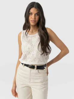 Sophia Contrast Tank - White Broderie