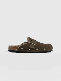 Studded Clogs - Khaki Shearling