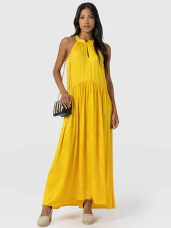 Zoey Halter Neck Dress - Yellow Jacquard