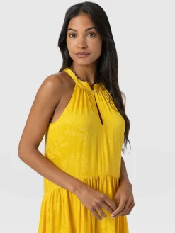 Zoey Halter Neck Dress - Yellow Jacquard