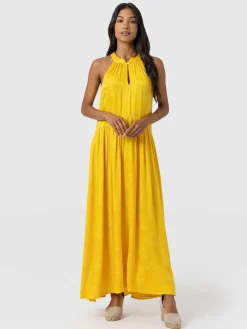 Zoey Halter Neck Dress - Yellow Jacquard