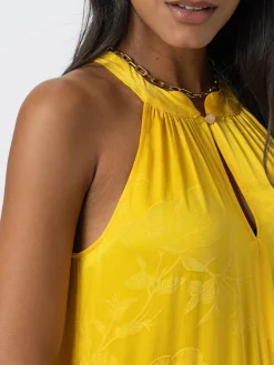 Zoey Halter Neck Dress - Yellow Jacquard