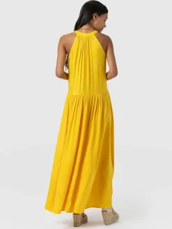 Zoey Halter Neck Dress - Yellow Jacquard