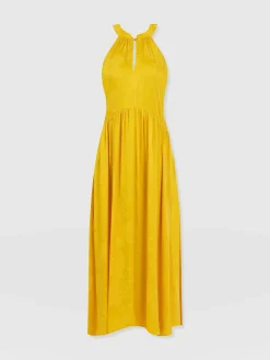 Zoey Halter Neck Dress - Yellow Jacquard