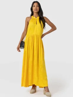 Zoey Halter Neck Dress - Yellow Jacquard